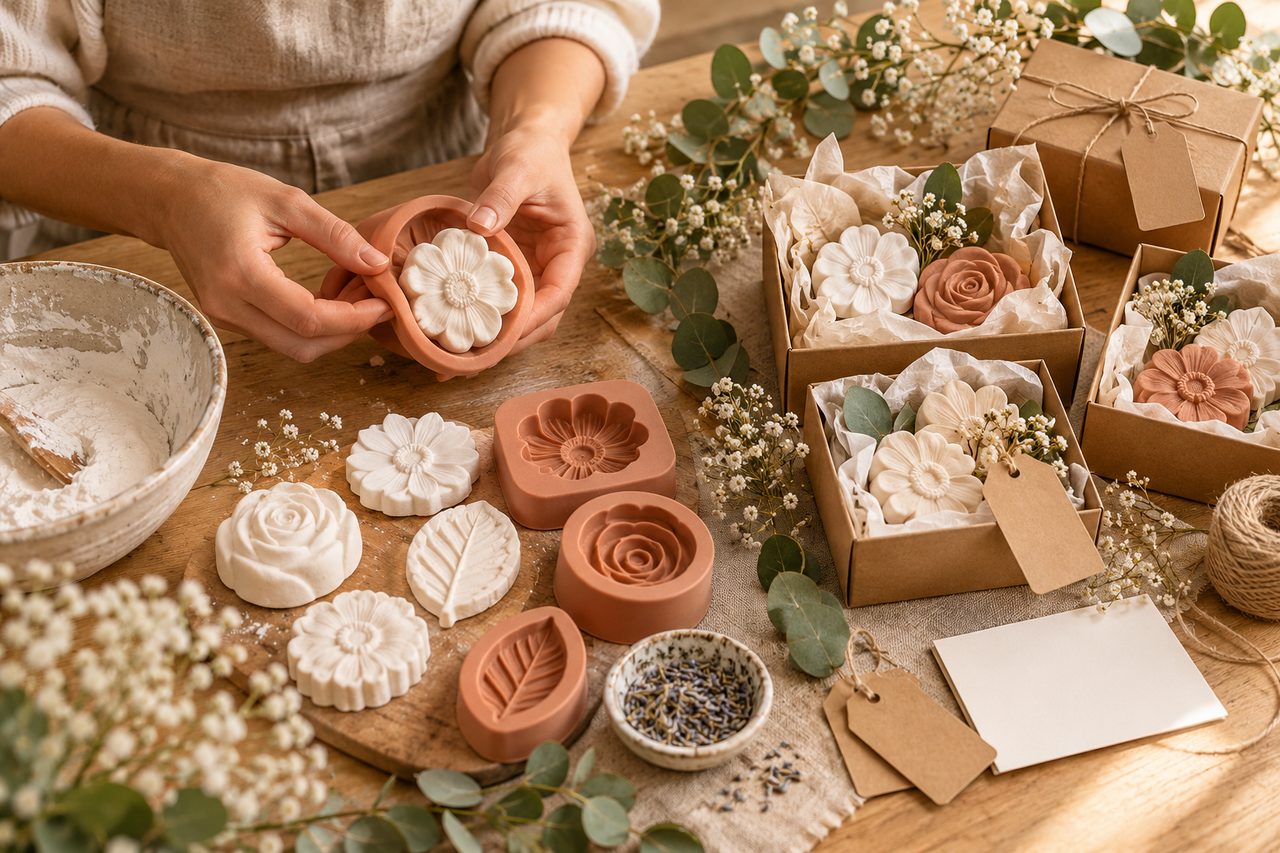 Artisan crafting plaster flower stones at a wooden workshop table